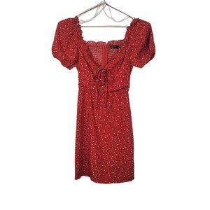 Sundae Muse Archie Red Ditzy Floral Lace-Up Short Sleeve Mini Dress 4